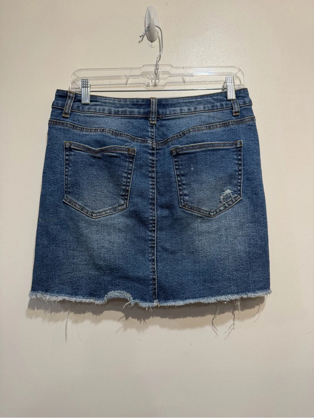 Wax Jean Distressed Denim Mini Skirt Medium Wash Stretch Raw Hem  Size Large